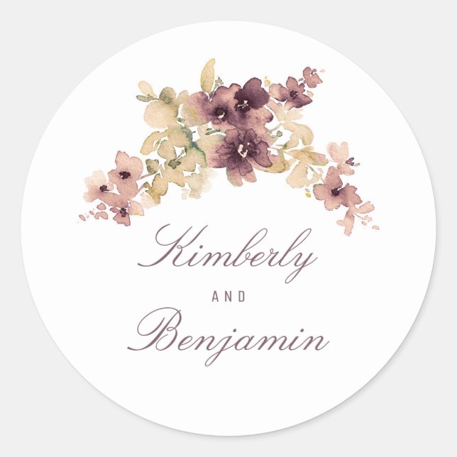 Sticker Rond Fleurs aquarelles Mauve et Mariage or (Devant)