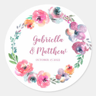 Sticker Rond Fleurs aquarelles personnalisées Mariage élégant m