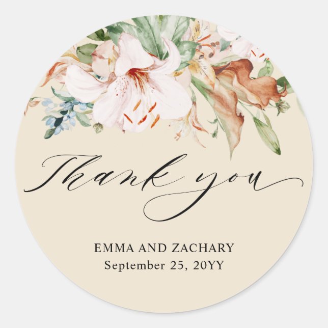 Sticker Rond Fleurs beiges et terreuses Merci Mariage Favoriser (Devant)