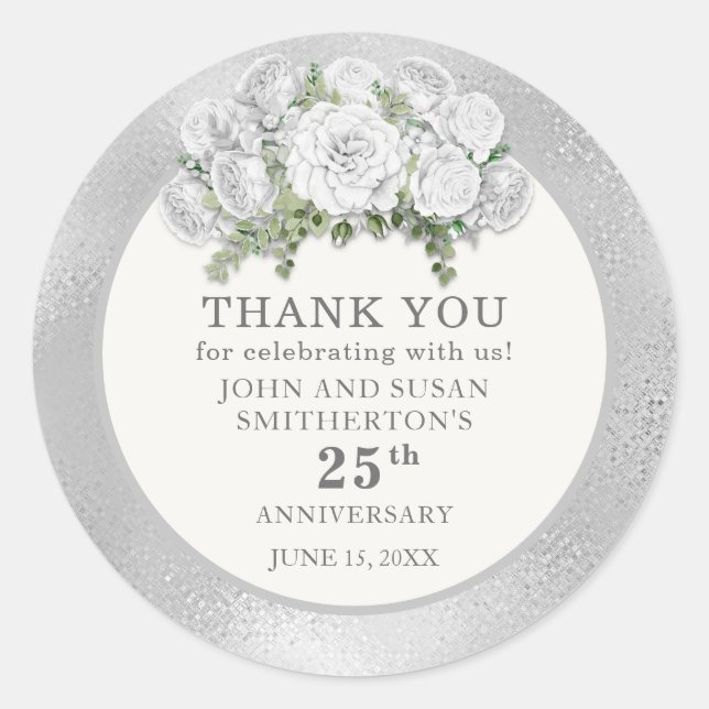 Sticker Rond Fleurs blanches argentées 25e anniversaire de mari (Devant)