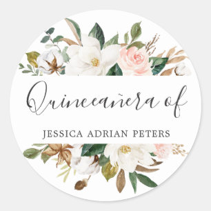 Sticker Rond Fleurs blanches et bleues Quinceanera Party Favori