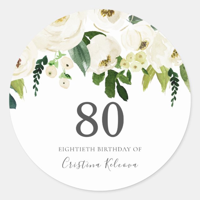 Sticker Rond Fleurs blanches et crème Elégante 80e anniversaire (Devant)