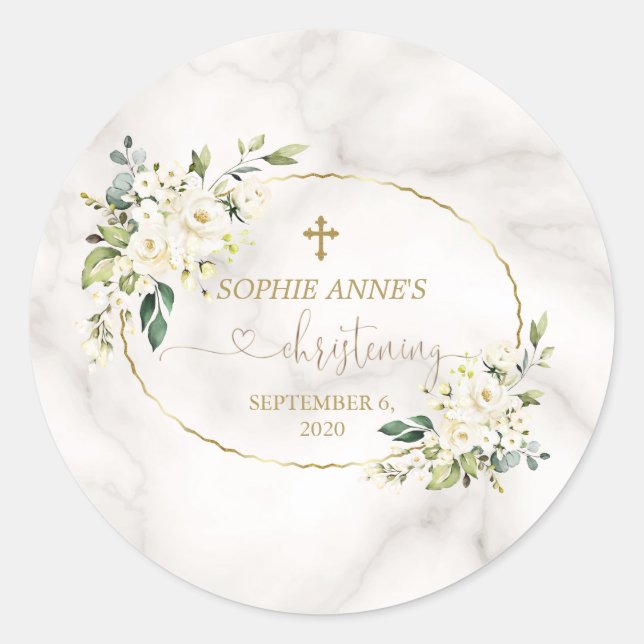 Sticker Rond Fleurs blanches Marbre doré Calligraphie Christeni (Devant)