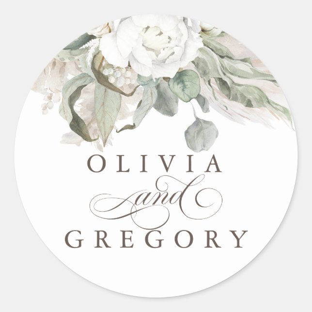Sticker Rond Fleurs blanches Sage Greenery Pampas Grass Mariage (Devant)