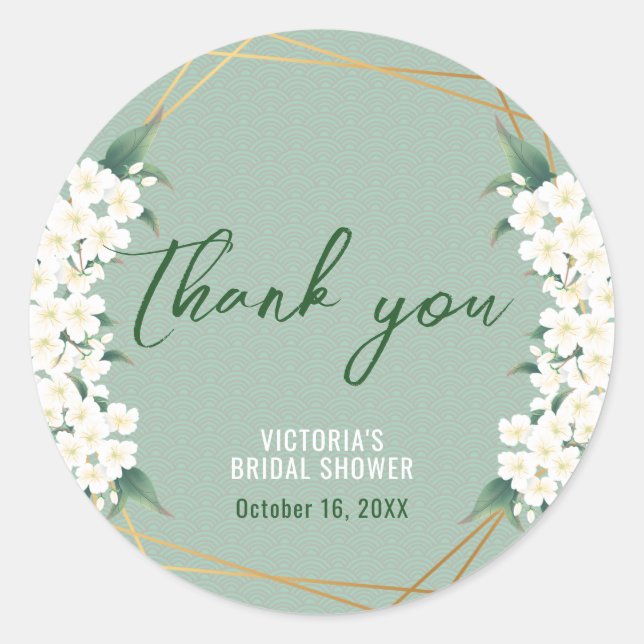 Sticker Rond Fleurs blanches Sauge Cadre doré vert (Devant)