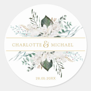 Sticker Rond Fleurs blanches simples et élégantes mariage