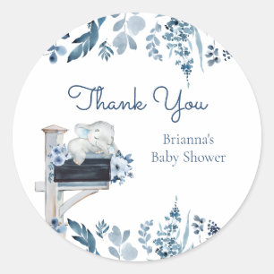 Sticker Rond Fleurs bleu éléphant Baby shower par courrier