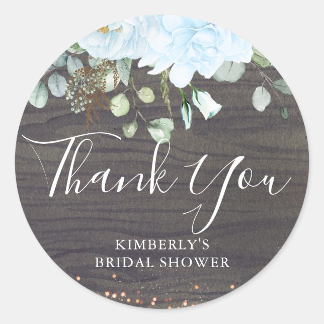 Sticker Rond Fleurs Bleu Poussiéreux Merci Mariage Rustique (Devant)
