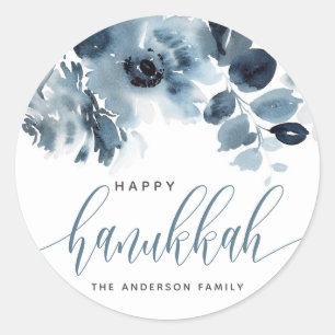Sticker Rond Fleurs bleues à l'aquarelle Joyeux Hanukkah Callig