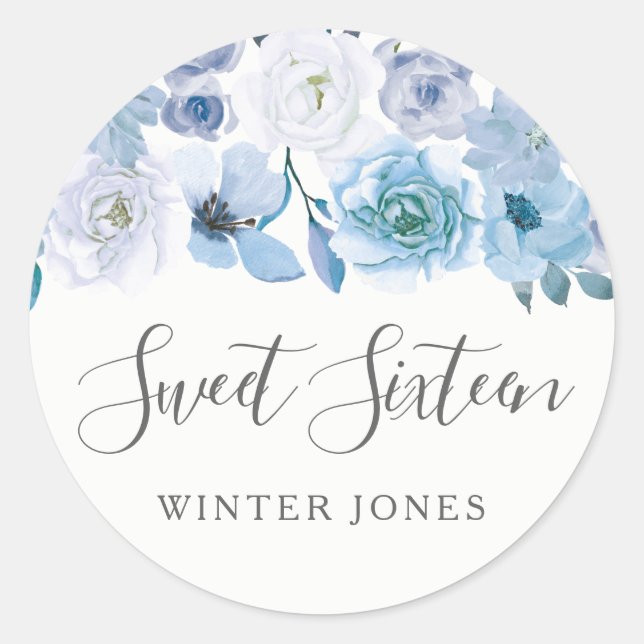 Sticker Rond Fleurs Bleues Blancs Douce 16 Fête Faveur Sceau (Devant)