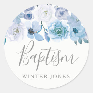Sticker Rond Fleurs Bleues Blancs Garçon ou fille Baptême Favor
