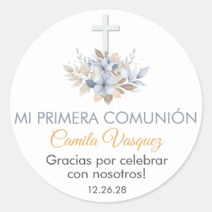 Sticker Rond Fleurs Bleues Boho en espagnol Première Communion 