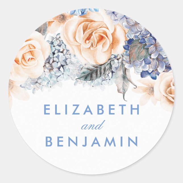 Sticker Rond Fleurs bleues et de Pêche Mariage élégant (Devant)