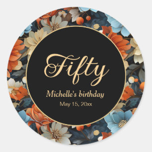 Sticker Rond Fleurs Bleues Orange Noires 50e Anniversaire Tout
