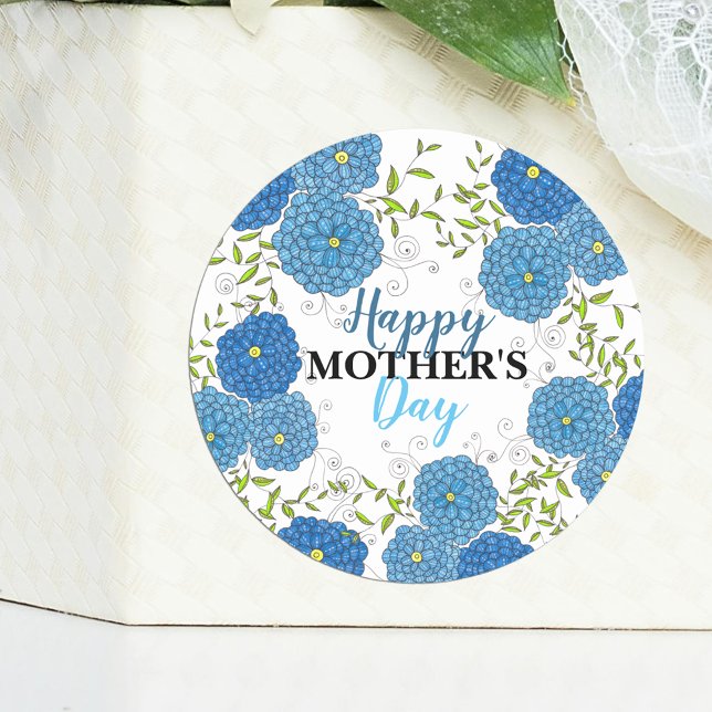 Sticker Rond Fleurs Bleues Ornées et Fête des Mères Feuilles Ve (Créateur téléchargé)