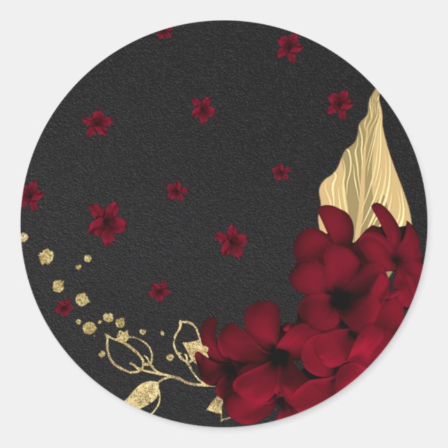 Sticker Rond fleurs bordeaux or feuille noir classique rond s (Devant)