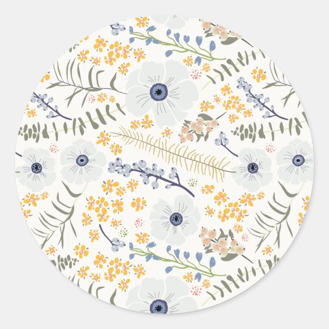 Sticker Rond Fleurs botaniques bleues douces (Devant)