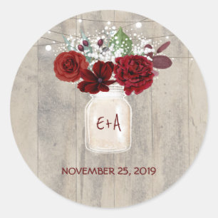 Sticker Rond Fleurs Bourgogne Mason Jar Mariage rustique