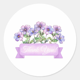 Sticker Rond Fleurs chic violet avec bannière Merci floral