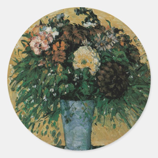 Sticker Rond Fleurs dans un Vase Bleu par Paul Cezanne Art Vint (Devant)