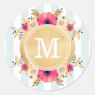 Sticker Rond Fleurs d'aquarelle à la menthe Faux or Monogramme