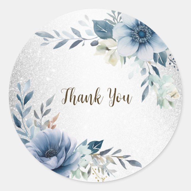 Sticker Rond Fleurs d'Aquarelle bleu Dusty Silver Elégant (Devant)