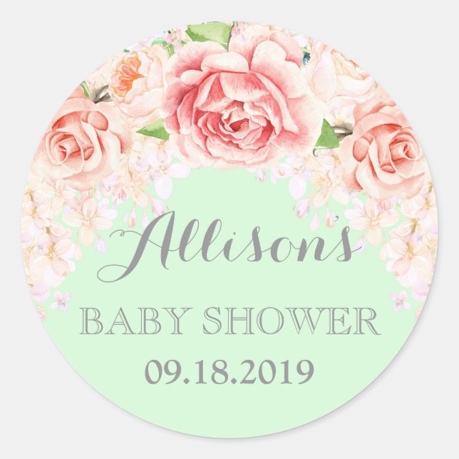 Sticker Rond Fleurs d'aquarelle de Monnaie rose Baby shower pré (Devant)