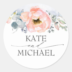 Sticker Rond Fleurs d'aquarelle de pêche Mariage bleu foncé