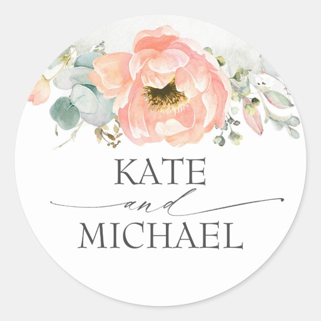 Sticker Rond Fleurs d'aquarelle de pêche Mariage élégant (Devant)