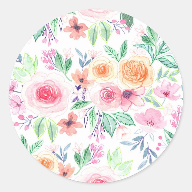 Sticker Rond Fleurs d'aquarelle et feuilles (Devant)