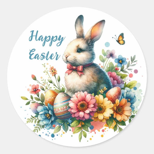 Sticker Rond Fleurs d'aquarelle et lapin Pâques (Devant)