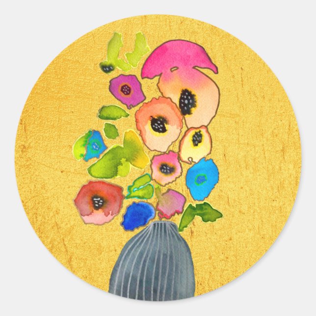 Sticker Rond Fleurs d'aquarelle florale dans le vase (Devant)