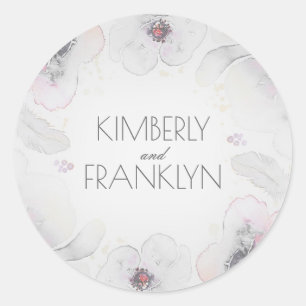 Sticker Rond Fleurs d'aquarelle grise Boho Feathers Mariage