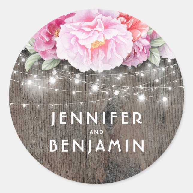 Sticker Rond Fleurs d'aquarelle rose Lumières de bois rustique (Devant)