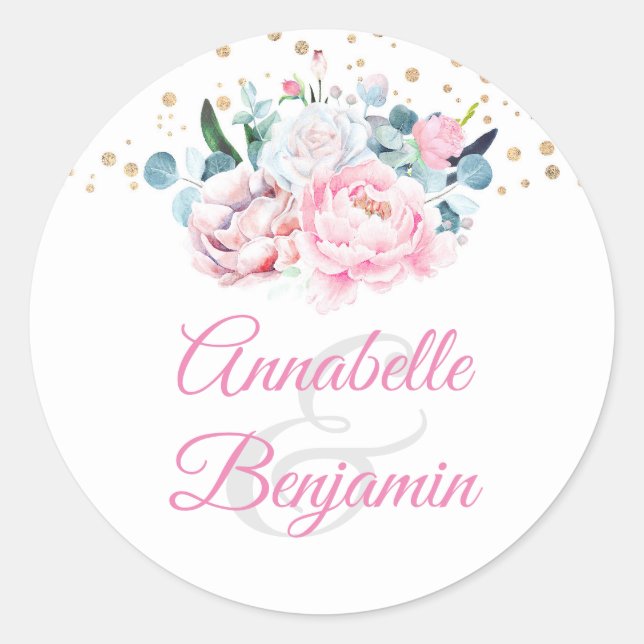 Sticker Rond Fleurs d'aquarelle rose | Mariage Peony (Devant)