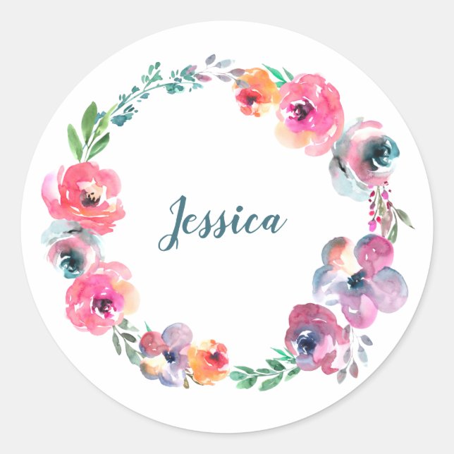 Sticker Rond Fleurs d'aquarelle simples Moderne Élégant (Devant)