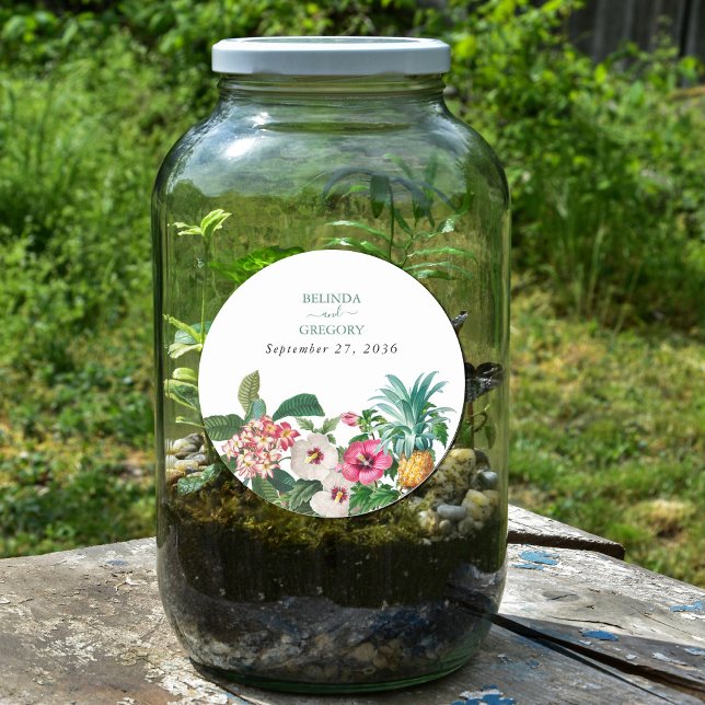 Sticker Rond Fleurs d'aquarelle tropicale et Mariage de verdure (Tropical Watercolor Flowers & Greenery Wedding Classic Round Sticker)