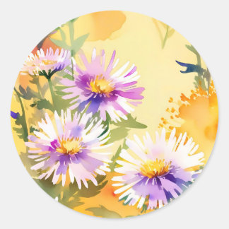 Sticker Rond Fleurs d'Aster Chaudes et ensoleillées sur Jaune c