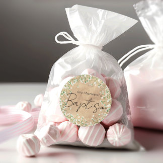 Sticker Rond Fleurs de Baby's Breath aquarelle bohème pour bapt