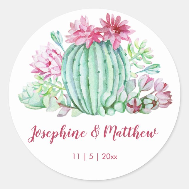 Sticker Rond Fleurs de cactus roses Succulents Mariage d'aquare (Devant)