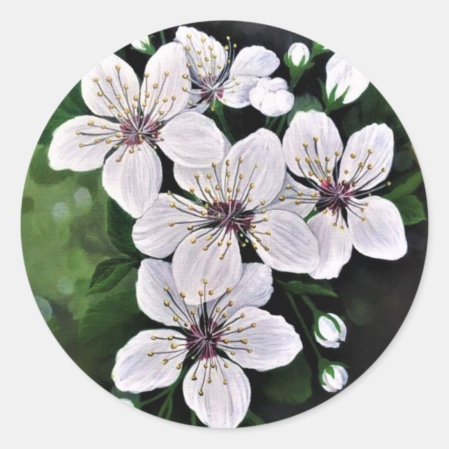Sticker Rond Fleurs De Cerise Blanche Art En Acrylique (Devant)