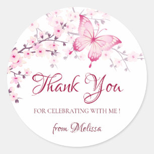 Sticker Rond Fleurs de cerisiers Merci blanc rose