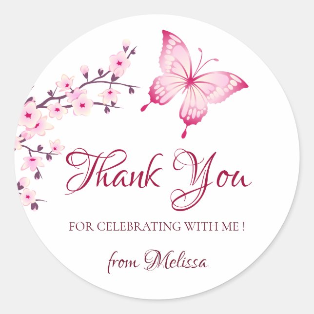 Sticker Rond Fleurs de cerisiers Merci blanc rose (Devant)
