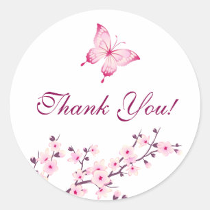 Sticker Rond Fleurs de cerisiers papillons Merci rose blanc
