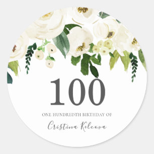 Sticker Rond Fleurs de Champagne Blanche 100e fête d'anniversai