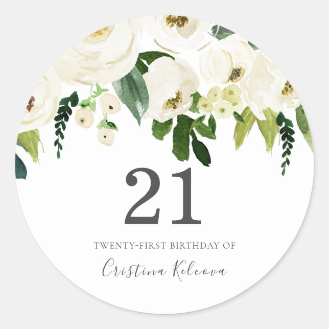 Sticker Rond Fleurs de Champagne Blanche 21e fête d'anniversair (Devant)
