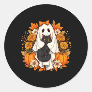 Sticker Rond Fleurs de chat noir fantôme d'Halloween