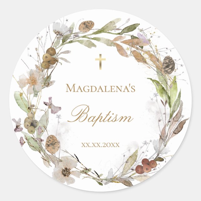 Sticker Rond fleurs de chute couronne Baptême Invitation (Devant)