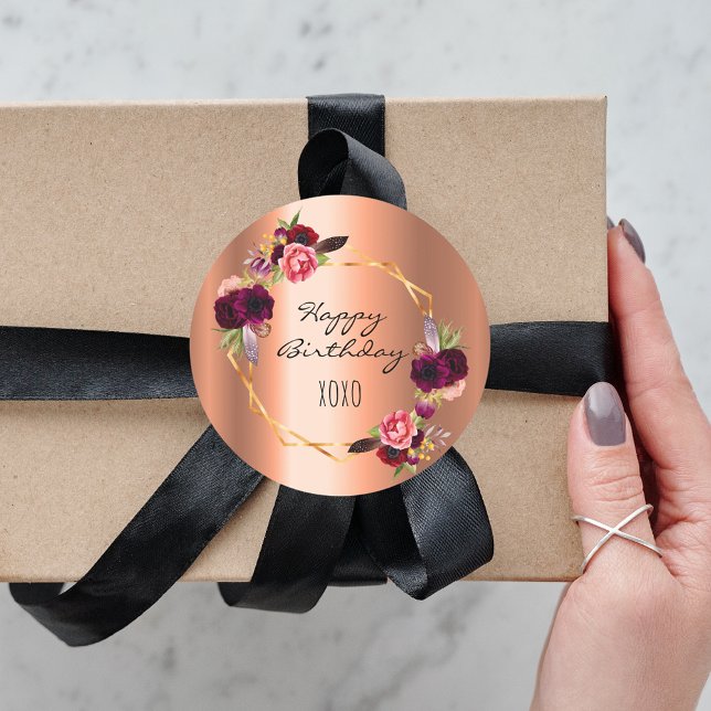 Sticker Rond Fleurs de cuivre d'anniversaire or bordeaux géomét (Créateur téléchargé)