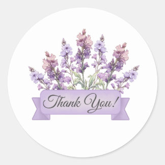 Sticker Rond Fleurs de Delphinium avec Bannière Florale Merci